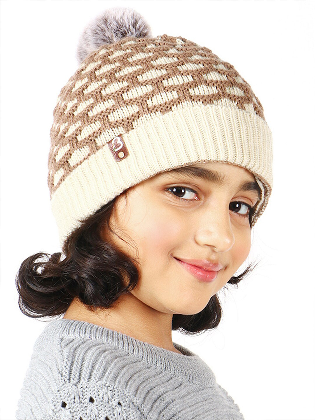 Bharatasya Girls Brown & Cream-Coloured Beanie