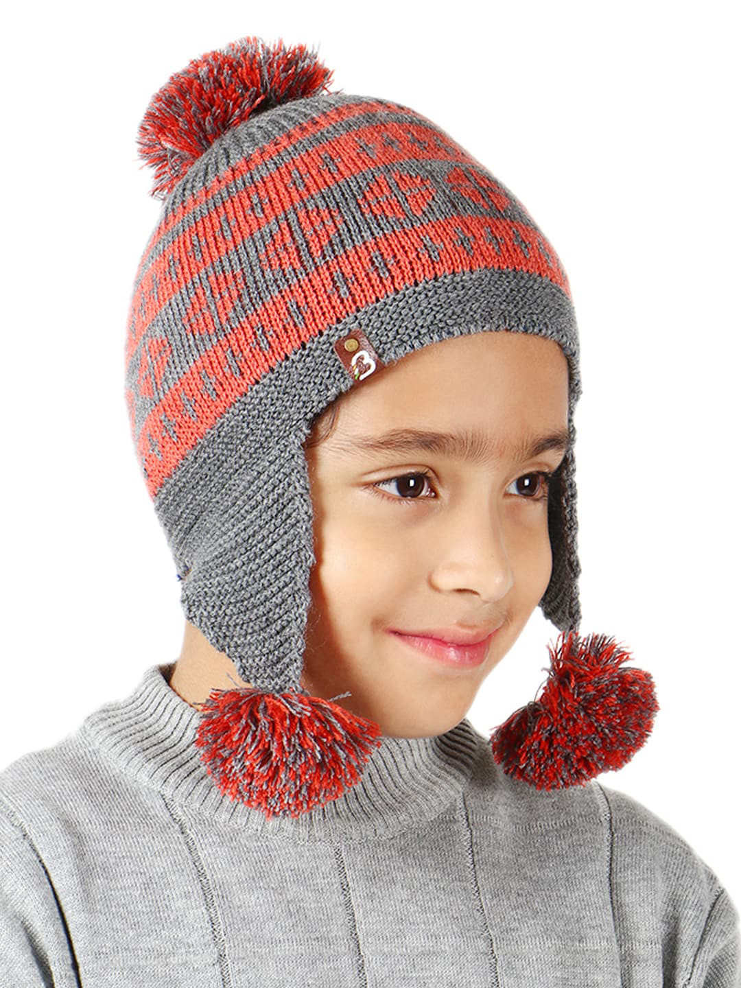 Bharatasya Unisex Kids Grey & Orange  Printed Acrylic Beanie Cap