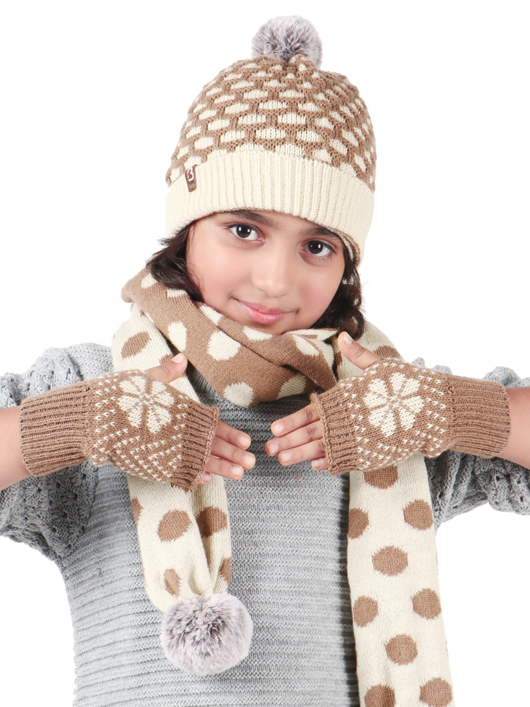 Bharatasya Kid Brown Knitted Christmas Acrylic Winter Gloves