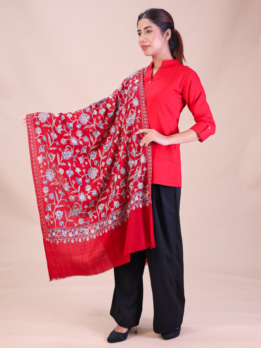 Moda Rapido Women Embroidered Wool Scarf With Frayed Border