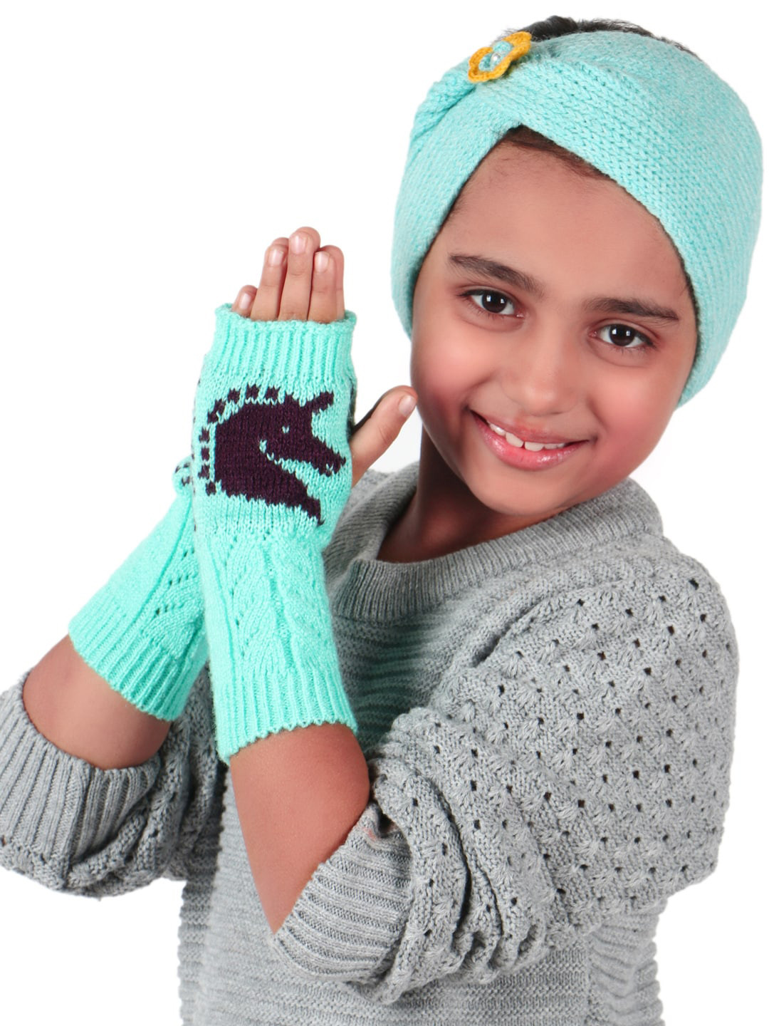 Bharatasya Kids Turquoise Blue & Black Patterned Hand Gloves