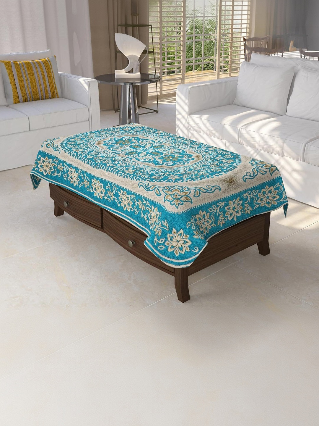 Furnishing Hut Turquoise Blue Woven Design Velvet 4 Seater Center Table Cloth Cover