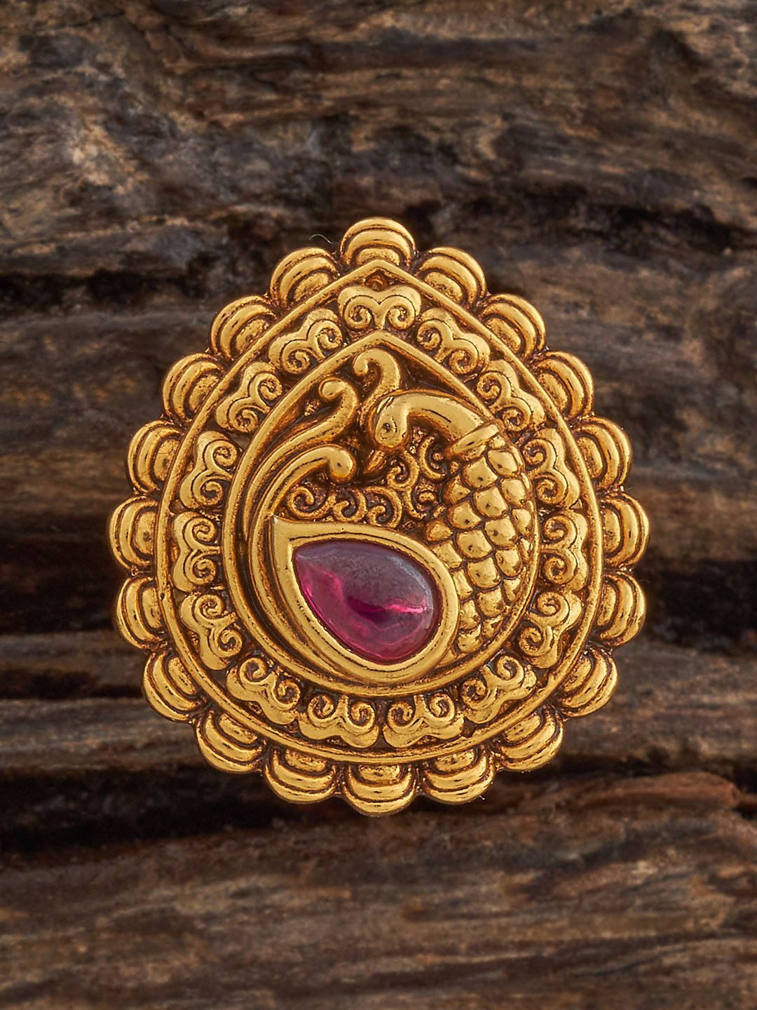 Kushal's Fashion Jewellery   Ruby Gold-Plated Stone-Studded Adjustable Antique Finger Ring