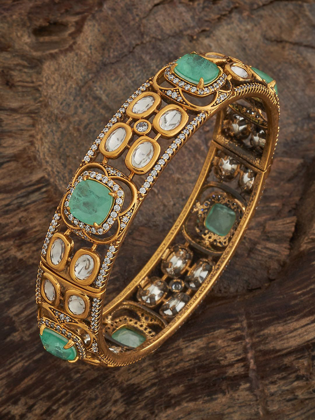 Kushal's Fashion Jewellery Embellished Bridal Victorian-Plated Mint Green Kundan Bangle