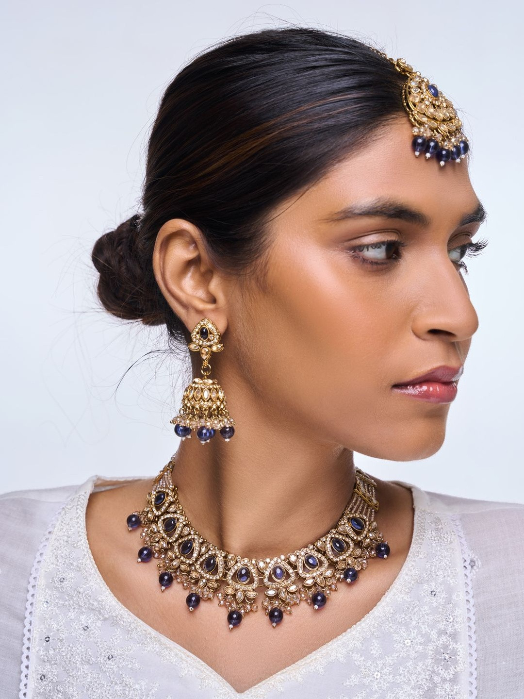 CAO Jewellery Women Brass Antique Ad Necklace and Earrings With Maang Tika Jewellery Set