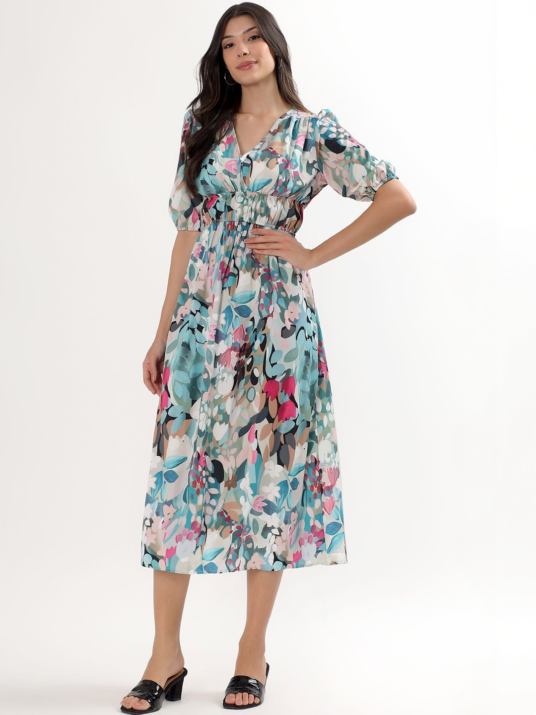PELLE LUXUR Print Puff Sleeve Georgette A-Line Midi Dress