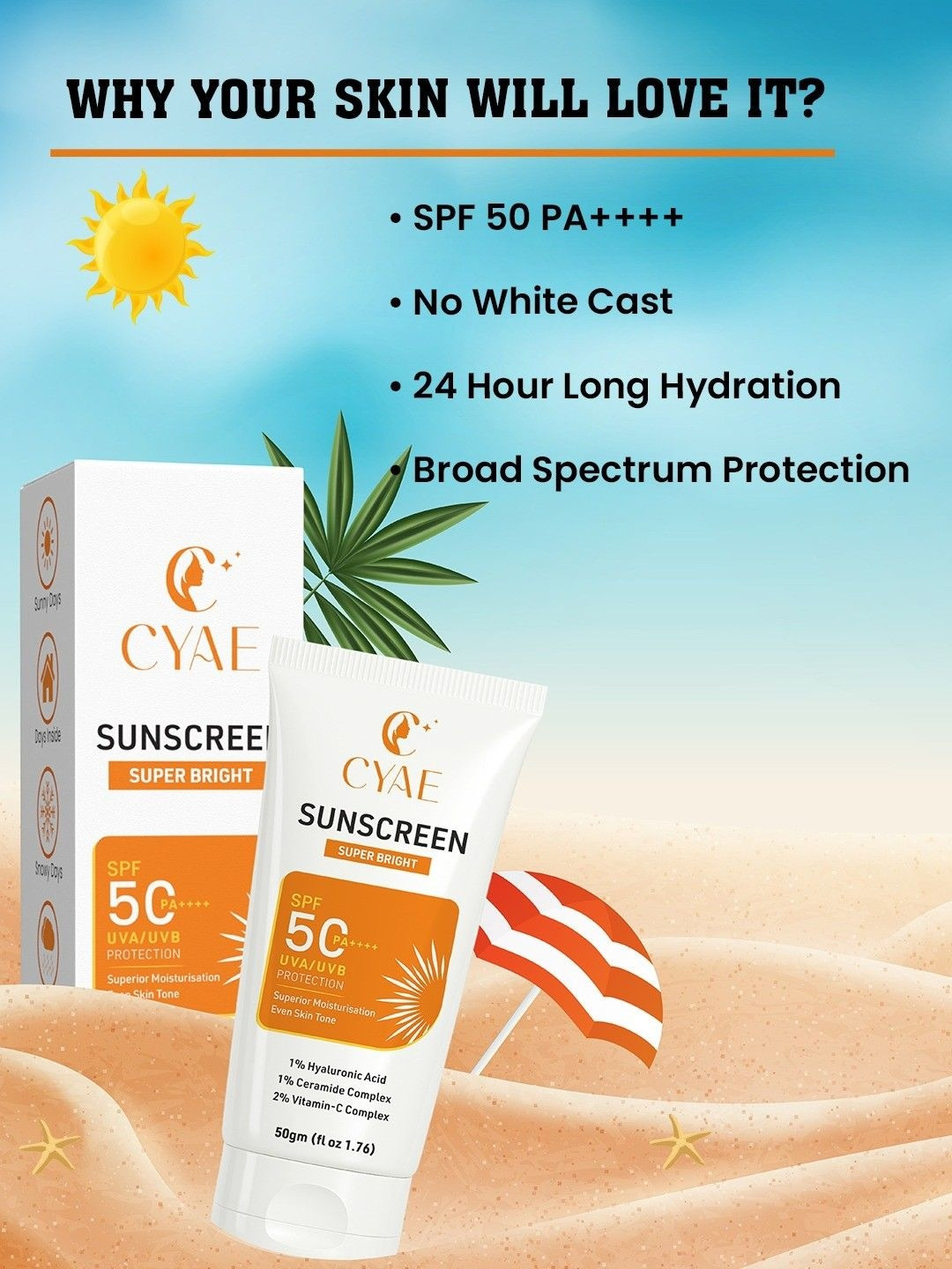 Cyae Set Of 2 Super Bright Sunscreen SPF 50 PA++++ - 50 g Each