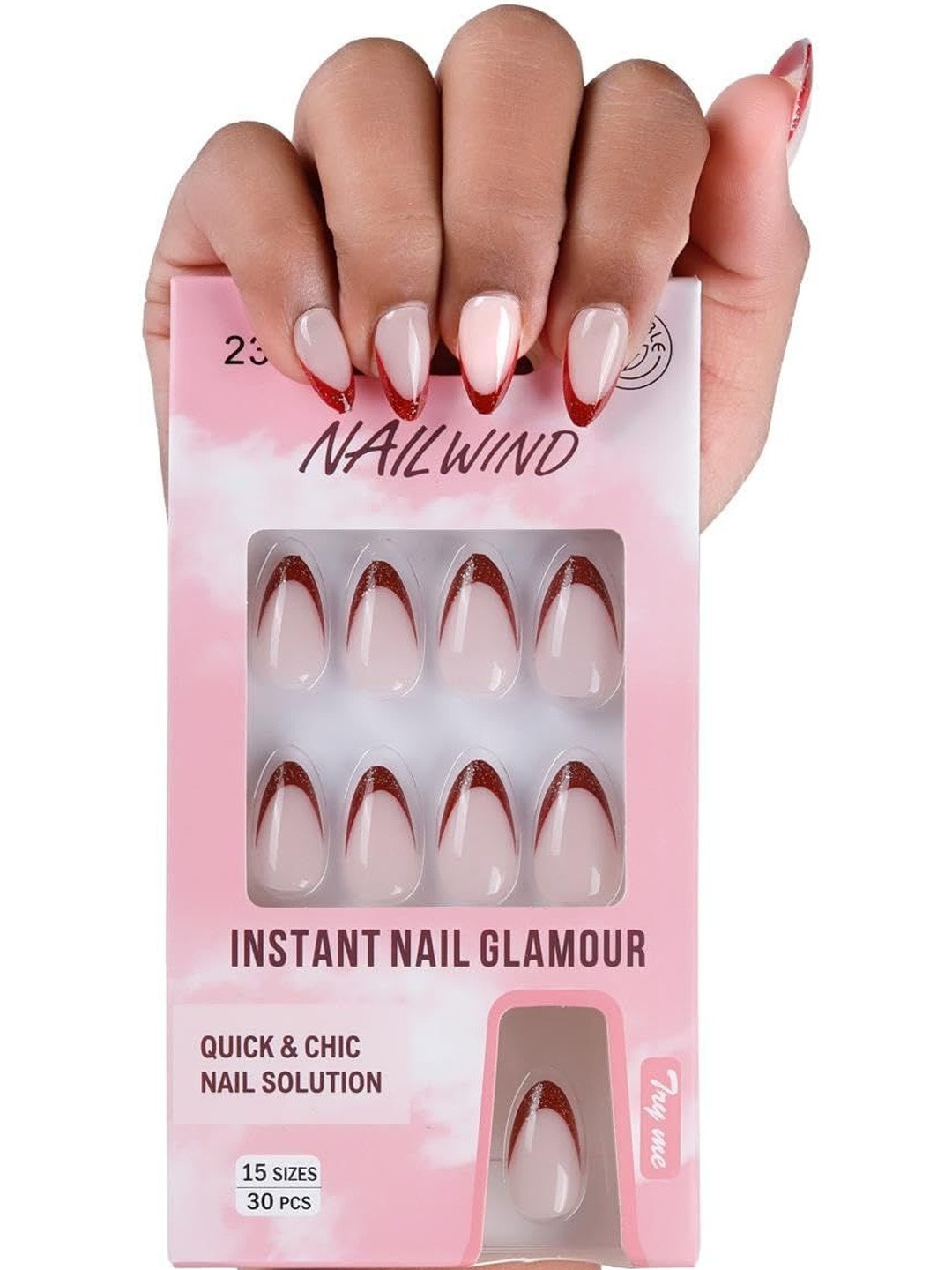 NAILWIND Set Of 30 Tip Press On Nails - Red French - 23