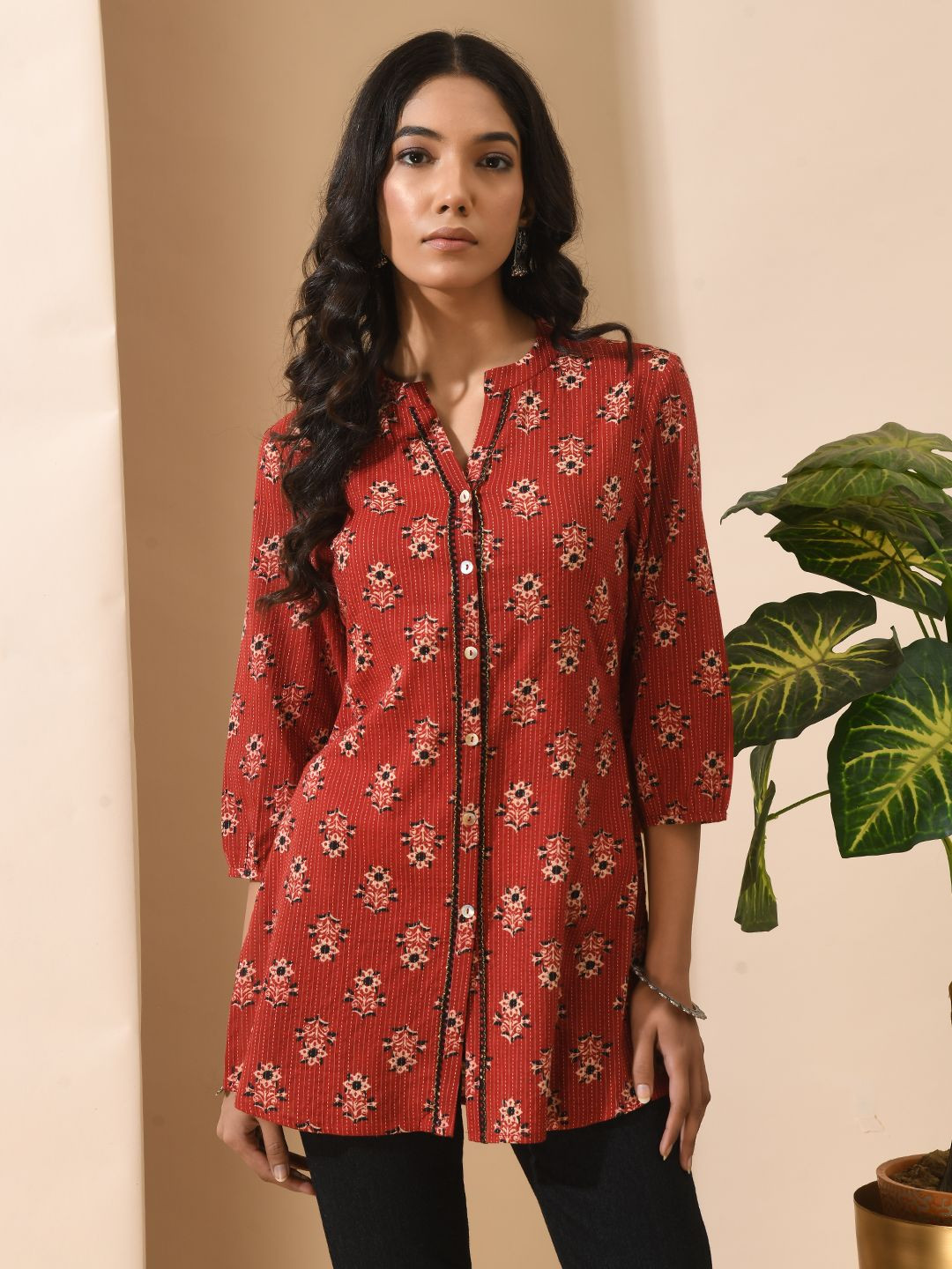 MEESAN Mandarin Collar Printed Ethnic Tunic