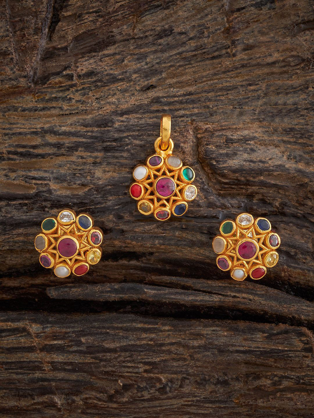 Kushal's Fashion Jewellery Gold-Plated Sterling Silver Navaratna Studded Jewellery Set