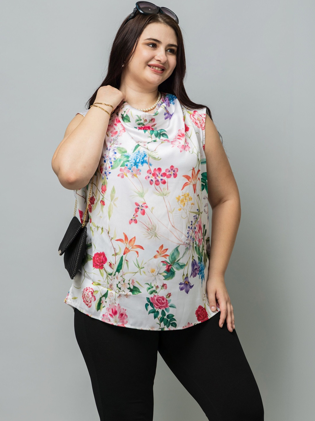PURYS PLUS Floral Print Cowl Neck Satin Top