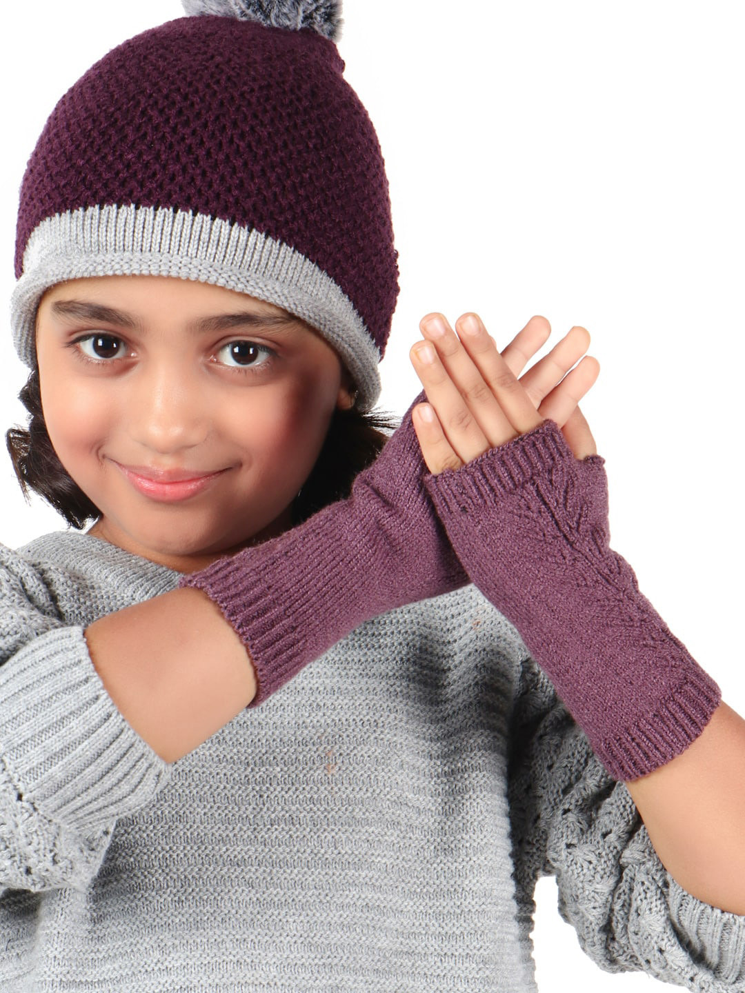 Bharatasya Kids Purple Solid Acrylic Knitted Fingerless Thermal Gloves