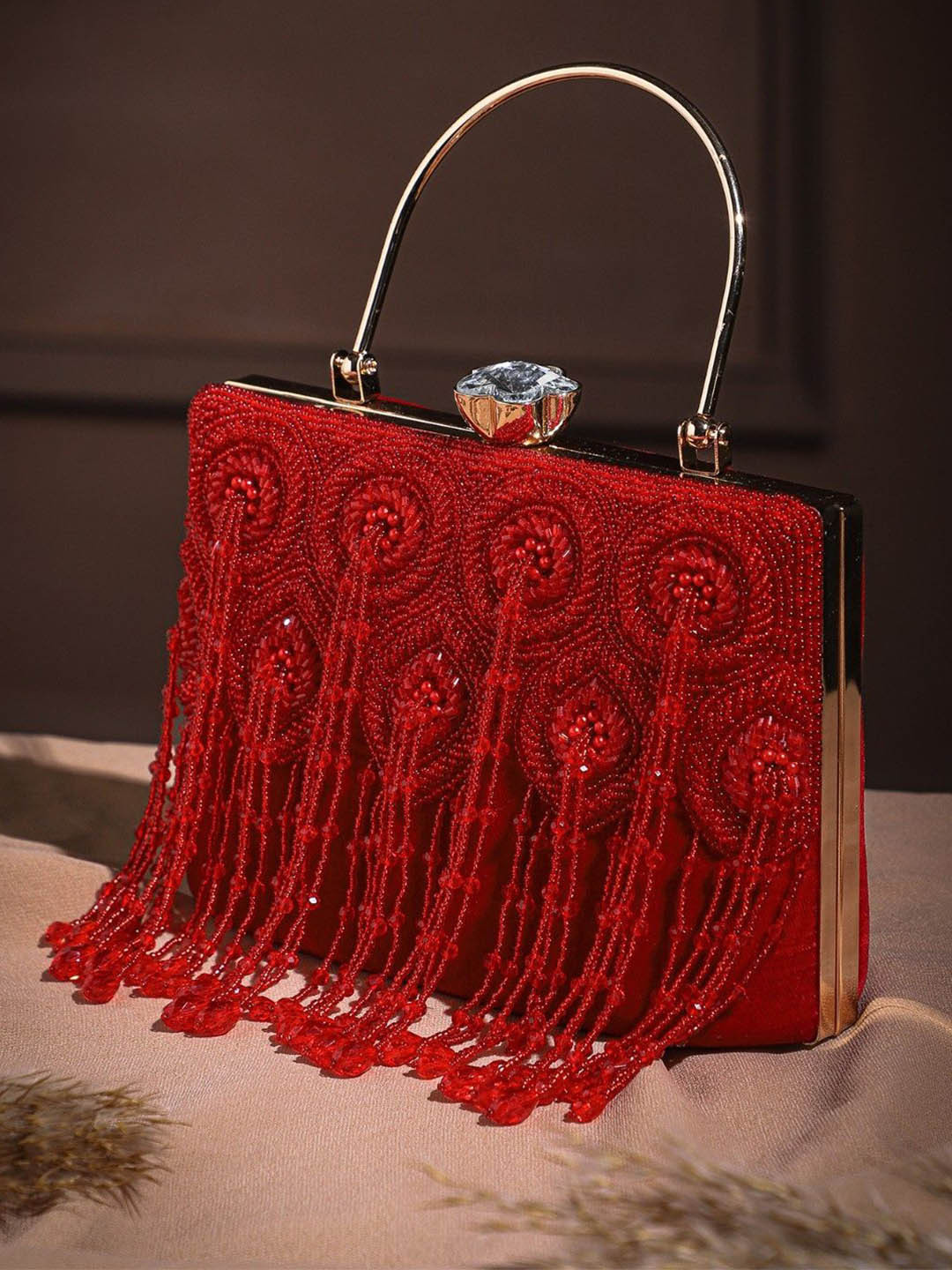 Anekaant Women Crystal Cascade Embellished Fringed Box Clutch