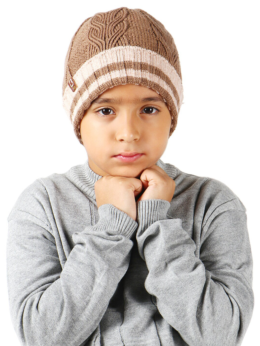 Bharatasya Kids Brown & Cream-Coloured Acrylic Beanie