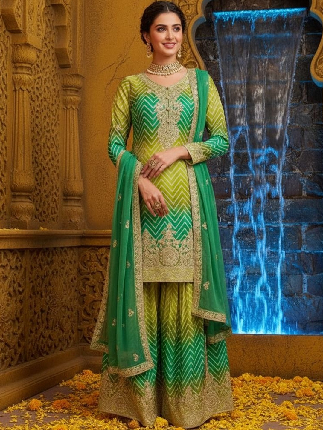 INDIAN POSHAK Women Printed Regular Kurta with Sharara & With Dupatta