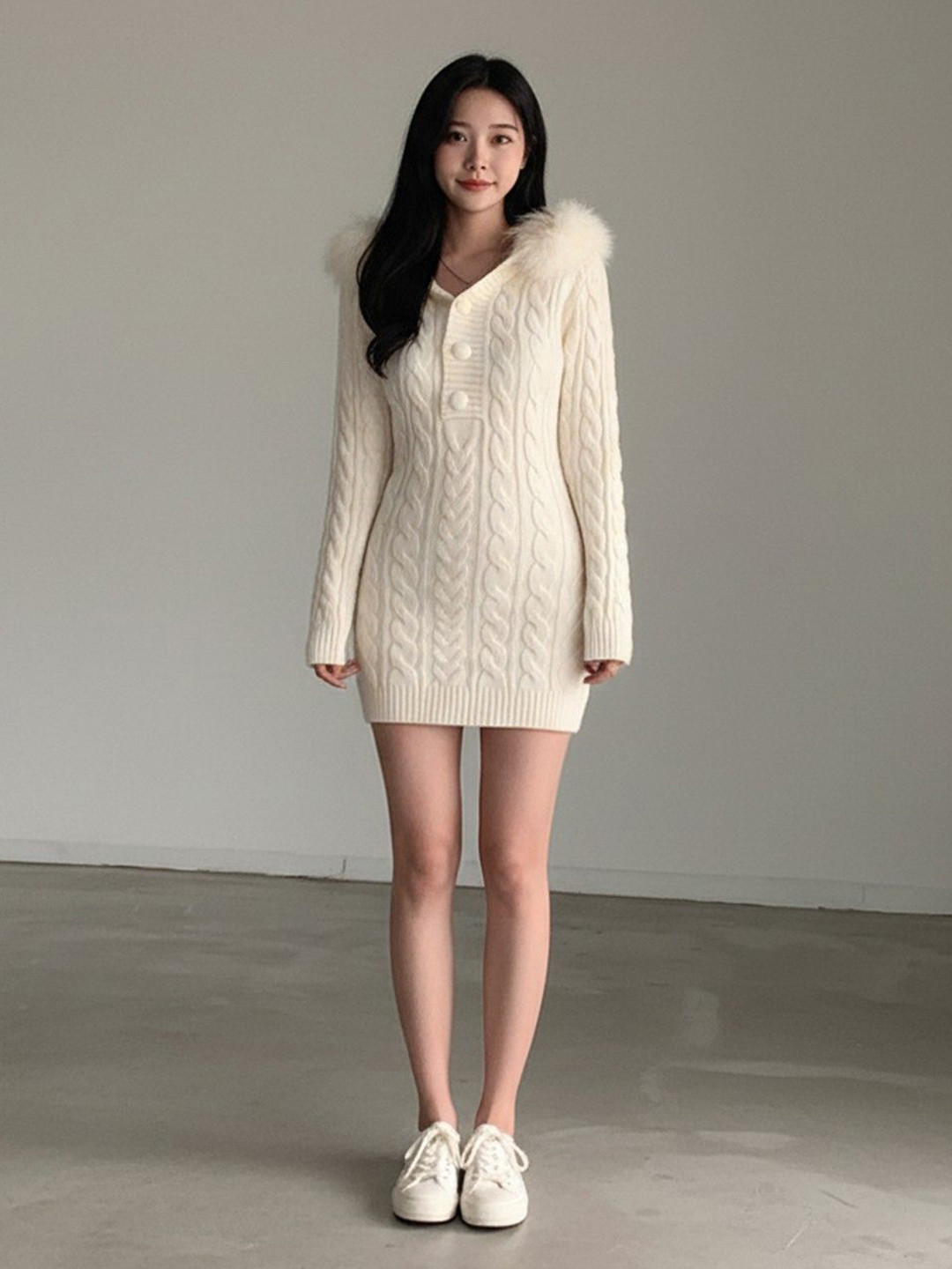 HERE&NOW Women Korean Dongdaemun Slim Fit Hooded Knitted Sweater Dress