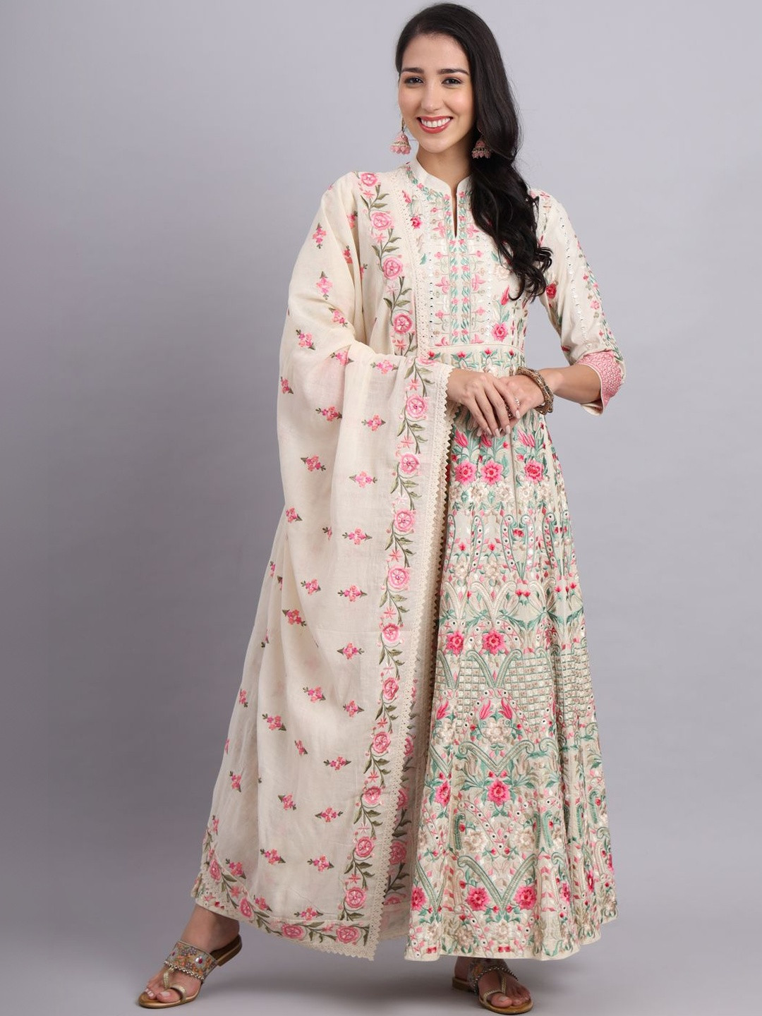 Charkha Silk Women Floral Embroidered Mirror Work Floral Anarkali Kurta