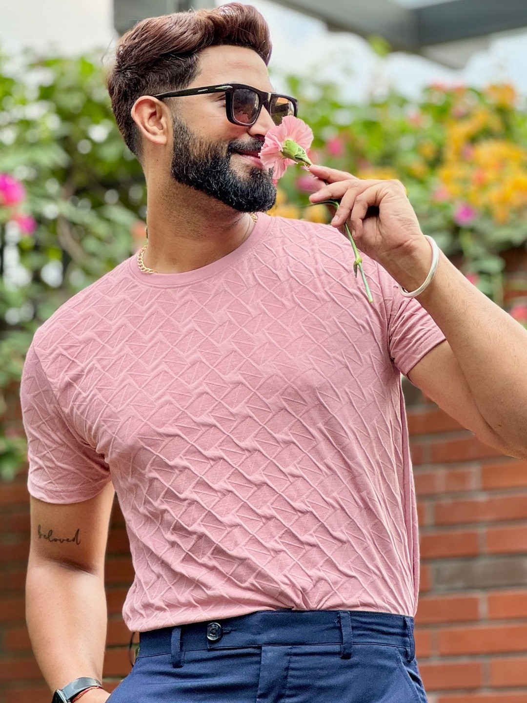 Jump Cuts Men Pink Star Textured Short Sleeve Polyester Slim Fit T-Shirt