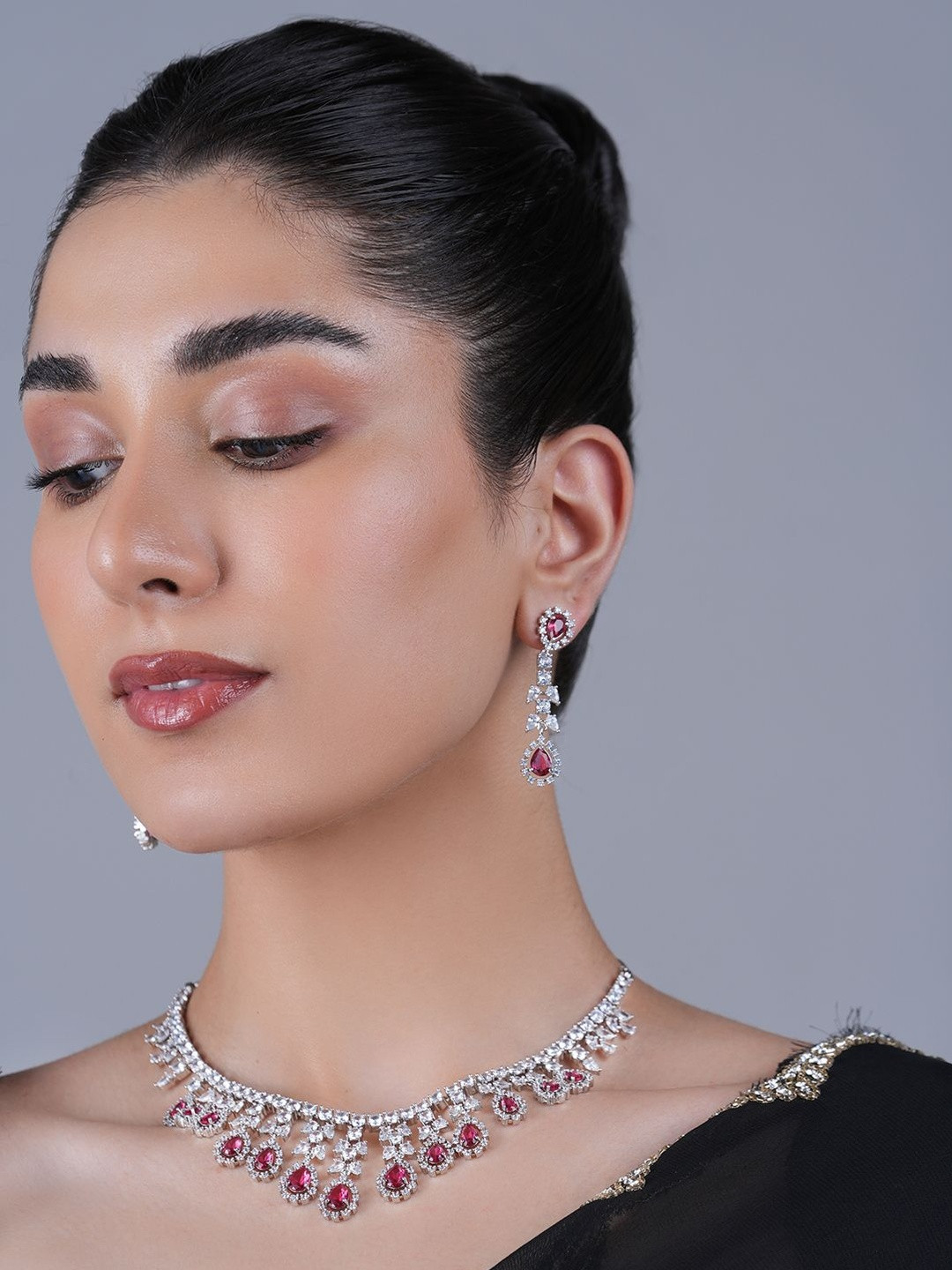 CAO Jewellery Women American Diamond Studded Heavy Designer Necklace and Earrings