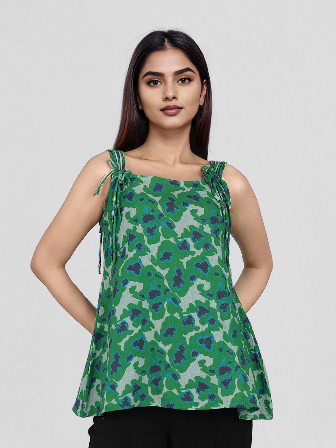 ZNKL Women Printed Fringed Square Neck Sleeveless Cotton Top