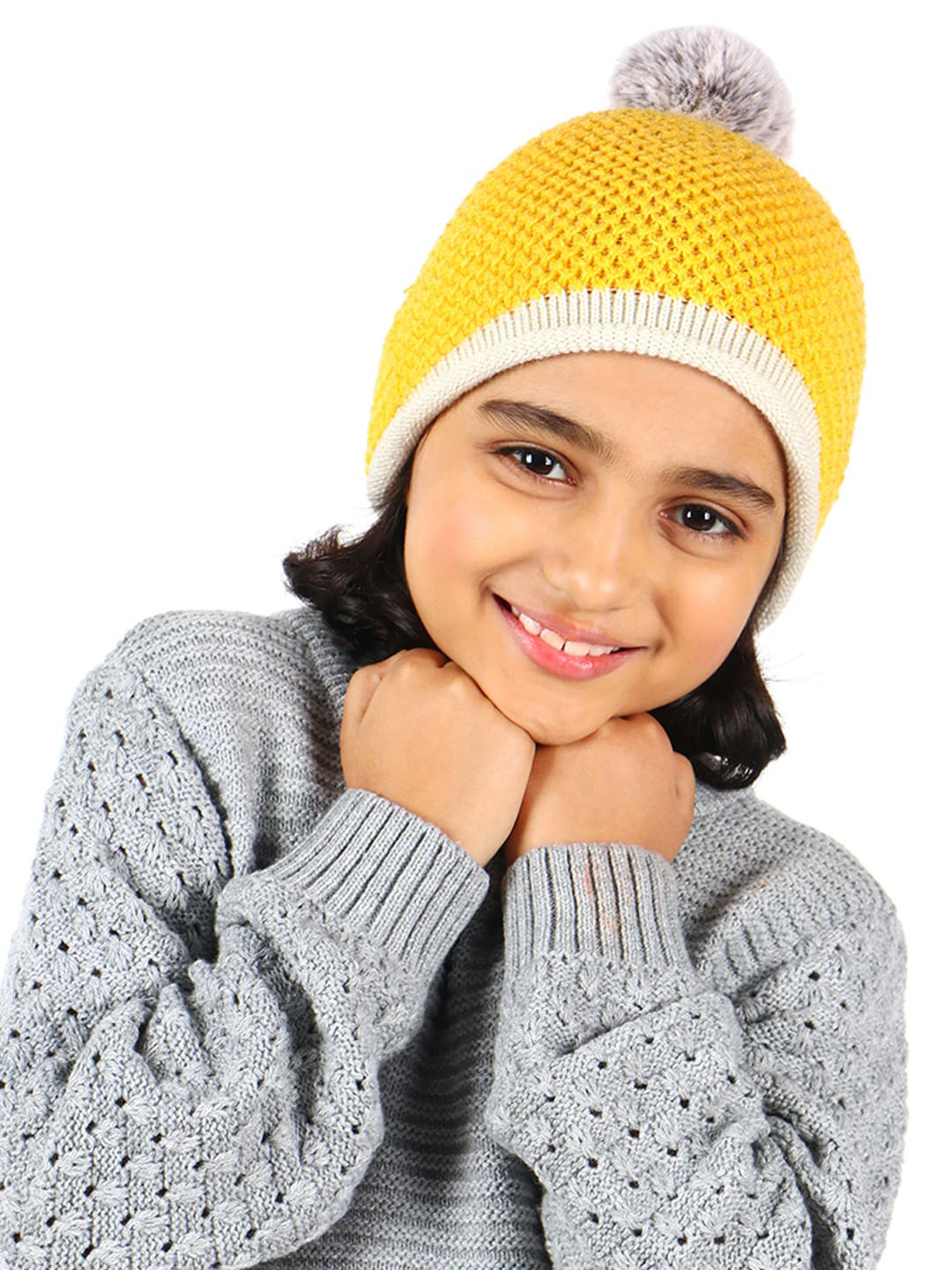Bharatasya Unisex Kids Yellow & White Solid Acrylic Beanie Cap