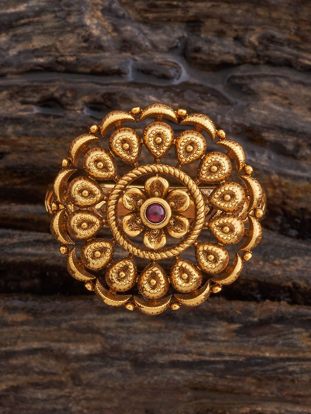 Kushal's Fashion Jewellery Women Gold-Plated Ruby Stone Studded Antique Finger Ring