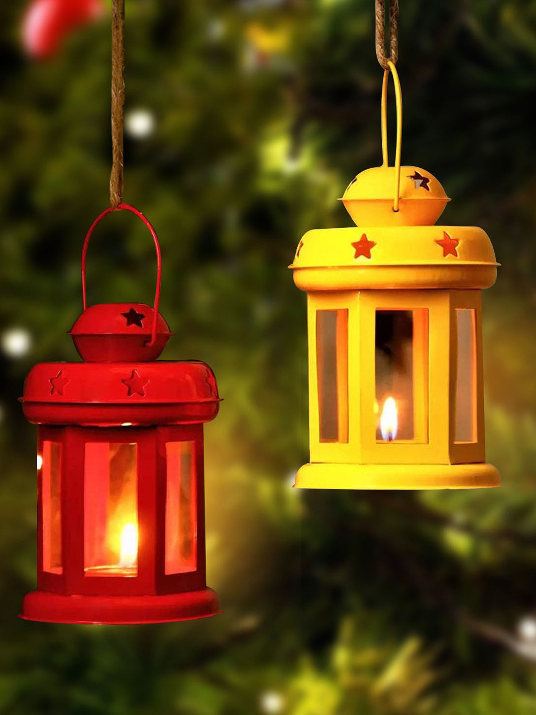 TIED RIBBONS Set Of 2 Yellow & Red Lantern Candle Holder