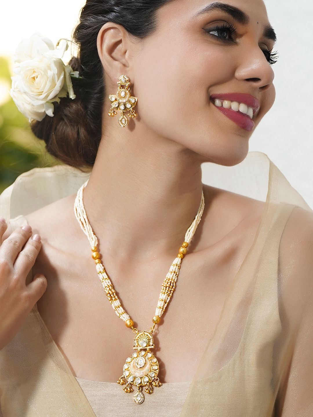 Rubans 22KT Gold-Plated Kundan-Studded & Pearls Beaded Jewellery Set