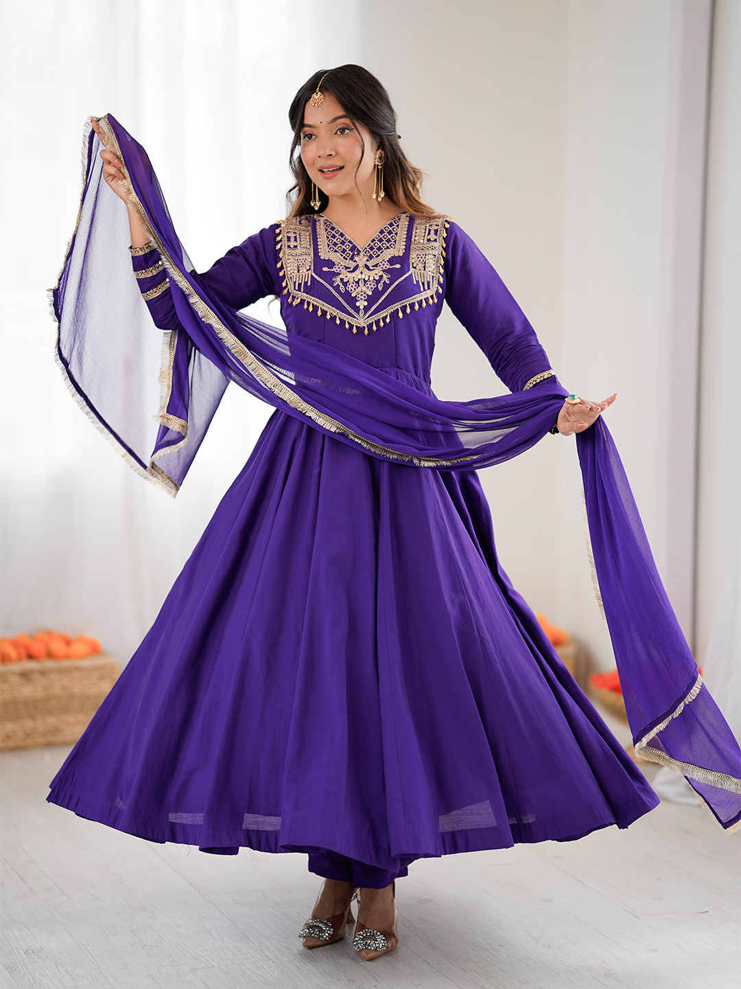 ZEEL FASHION Ethnic Motifs Yoke Design V-Neck Anarkali Kurta with Trousers & Dupatta