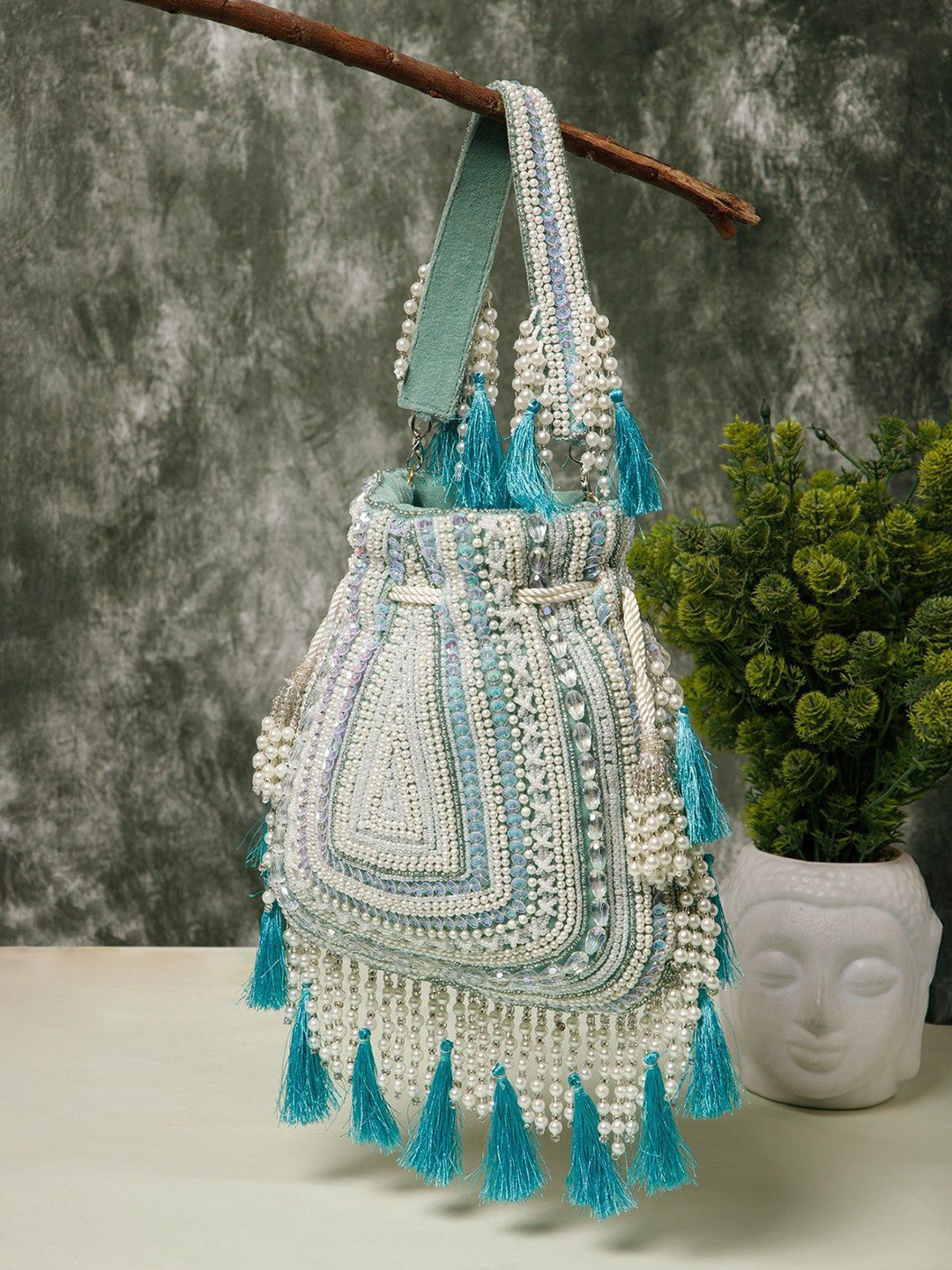 Anekaant Dewdrop Fringe Embellished Tasselled Velvet Potli Clutch