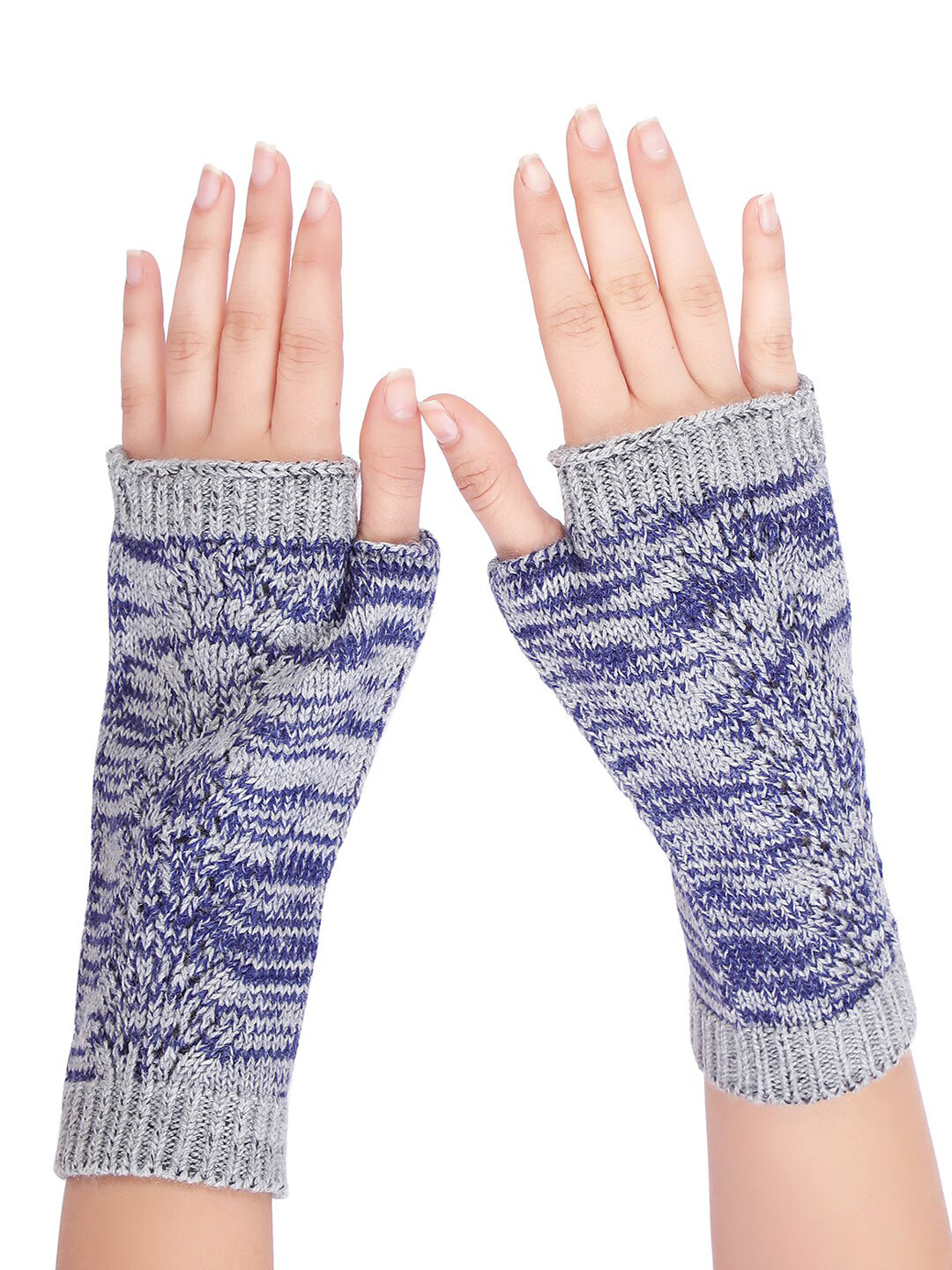Bharatasya Women Blue & Grey Knitted Winter Mitten Gloves
