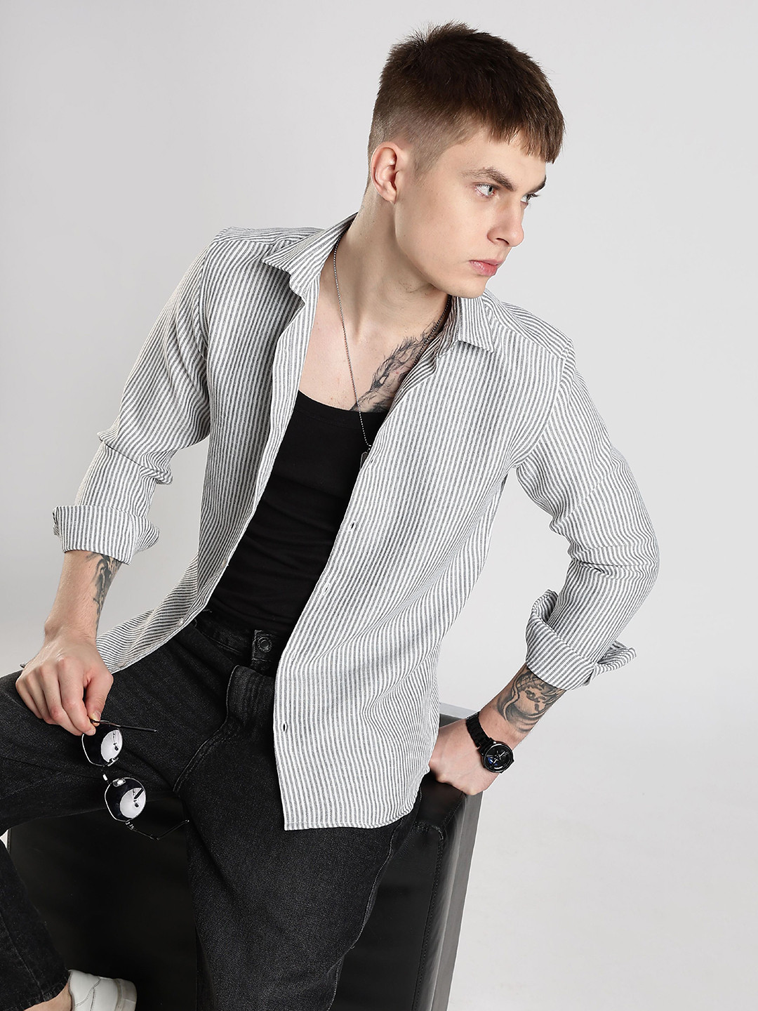 NEVER NEUD Men Linen Like Lining Regular Slim Fit Casual Shirt