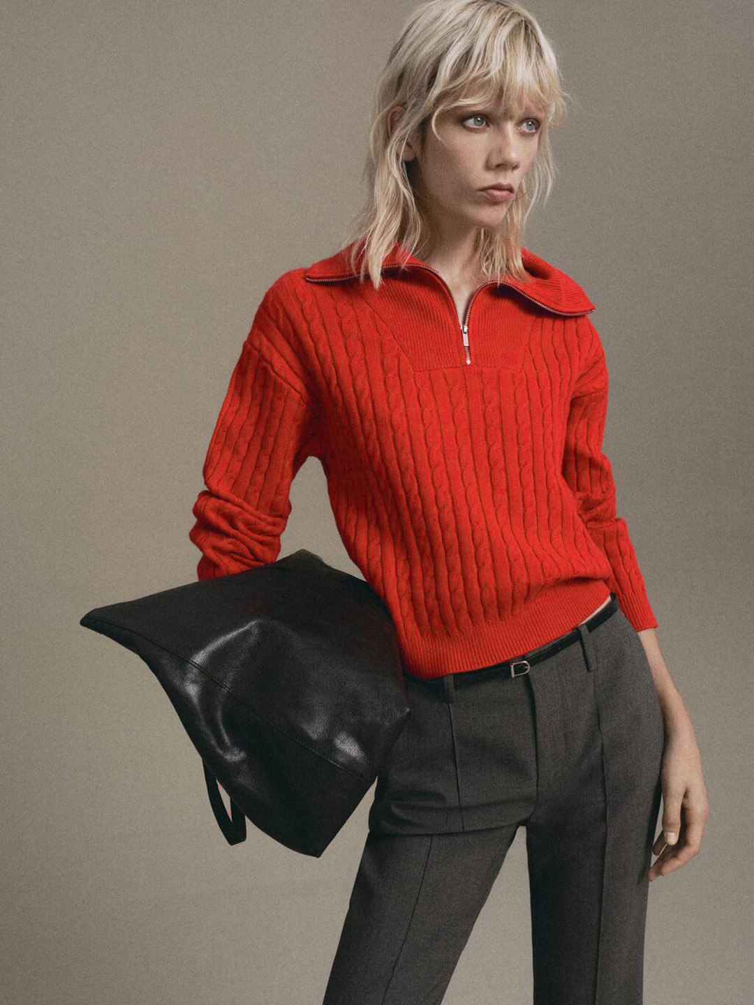 MANGO Cable Knit Shirt Collar Half Zipper Pullover