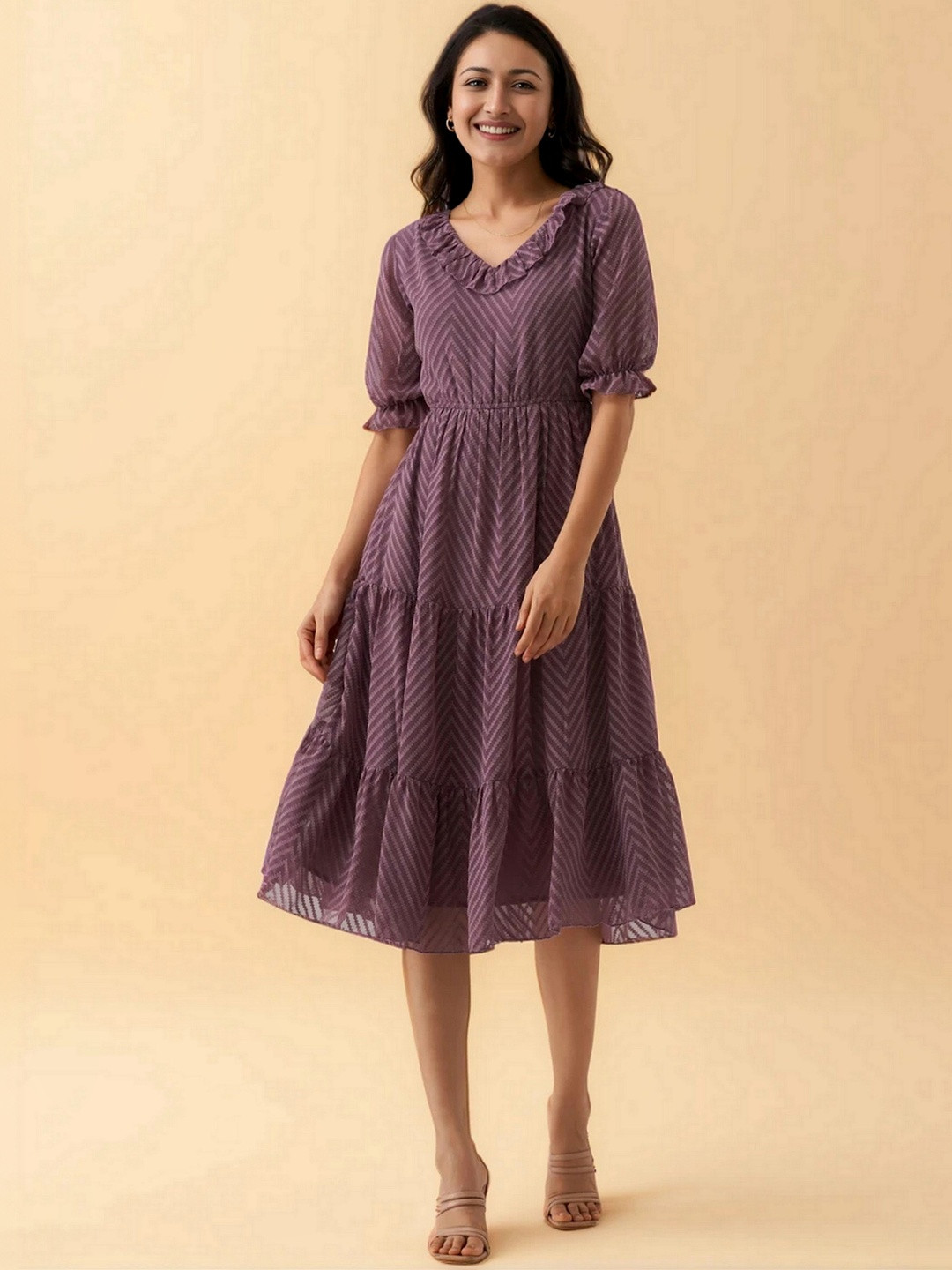 all about you Puff Sleeve Ruffled Crepe A-Line Midi Dress