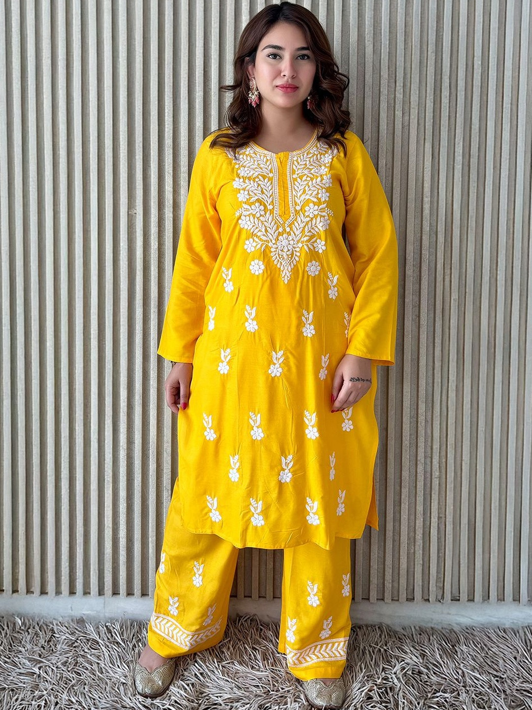 Label By Anusha Women Ethnic Motifs Embroidered Regular Chikankari Pure Cotton Kurta with Palazzos