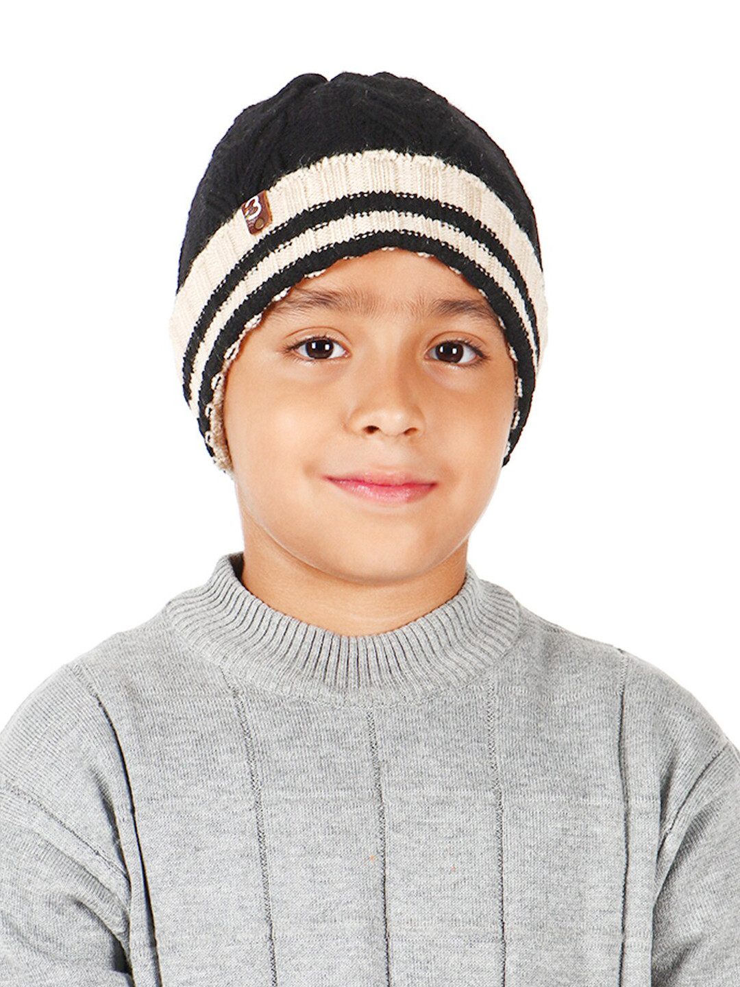 Bharatasya Kids Black & Cream-Coloured Acrylic Beanie