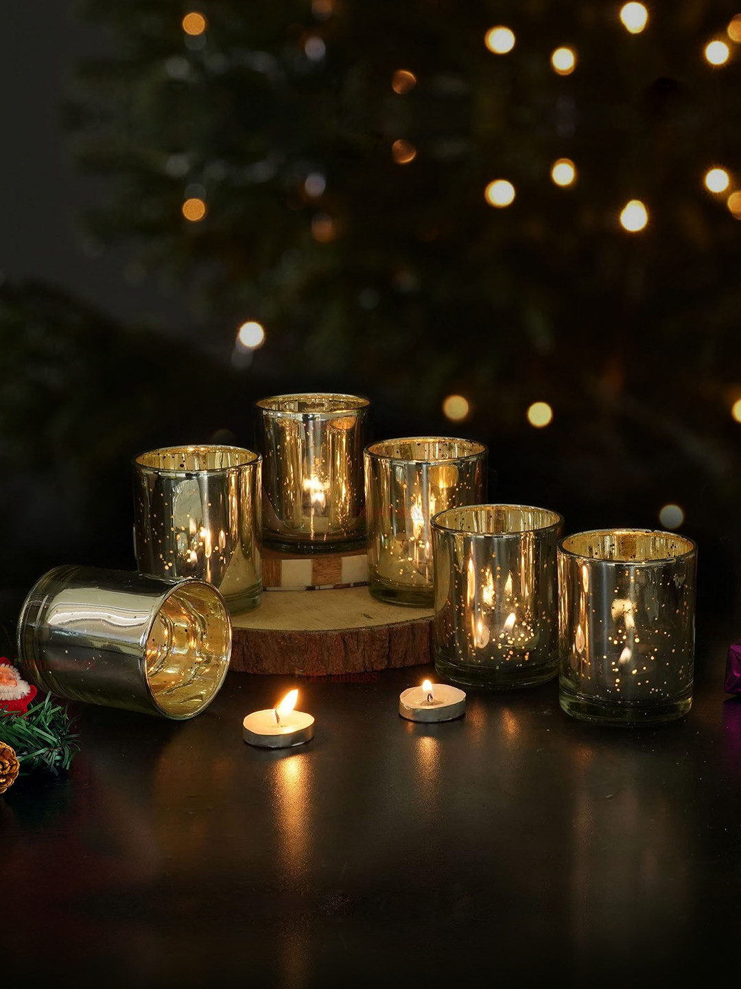 TIED RIBBONS Silver-Toned 6 Pieces Murcury Glass Tealight Candle Holder