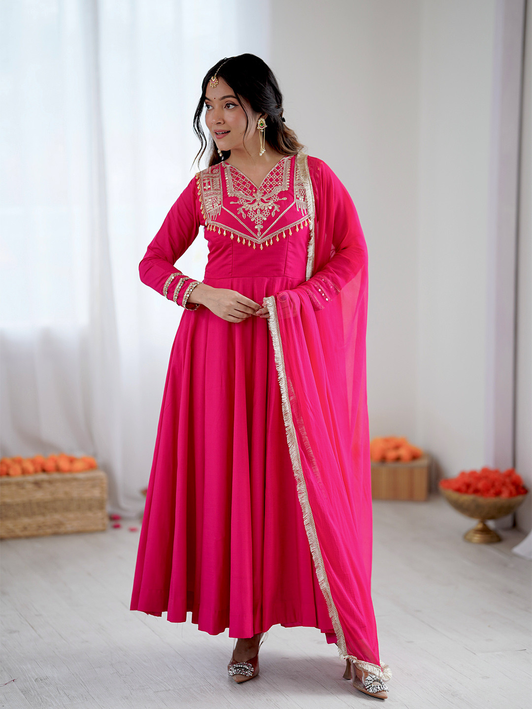 ZEEL FASHION Floral Yoke Design Pleated Thread Work Anarkali Kurta With Trousers & Dupatta