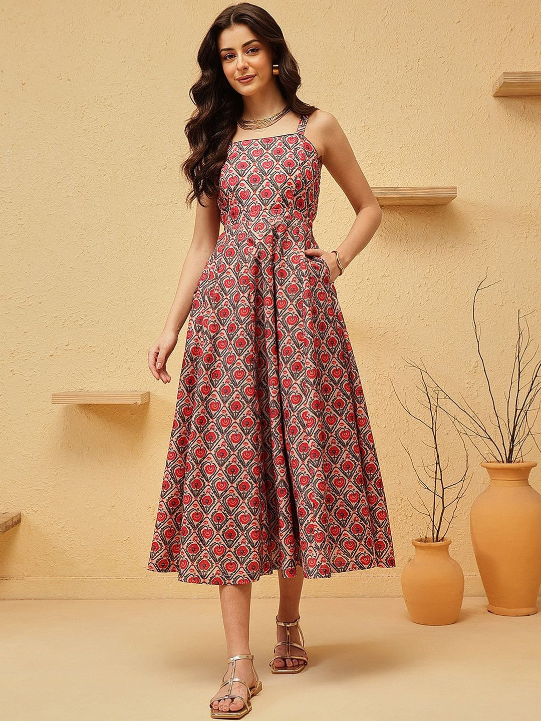 QUIERO BLUES Print Satin Fit & Flare Midi Dress