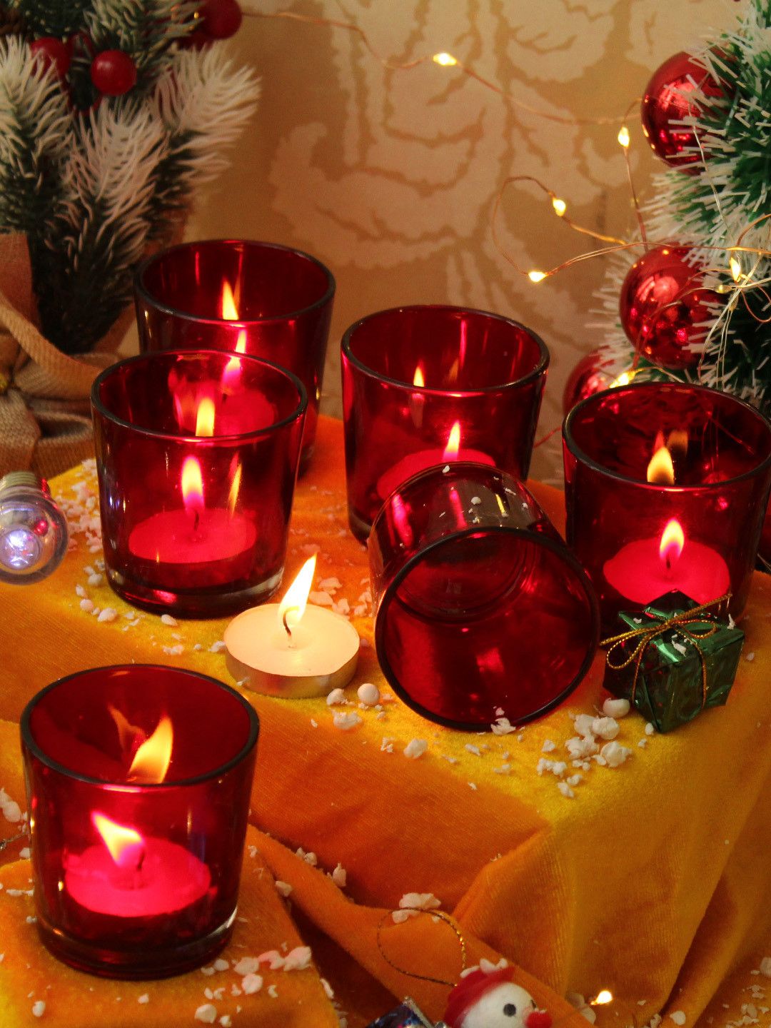 TIED RIBBONS Set of 6 Glass Votive Tea Light Candle Holders