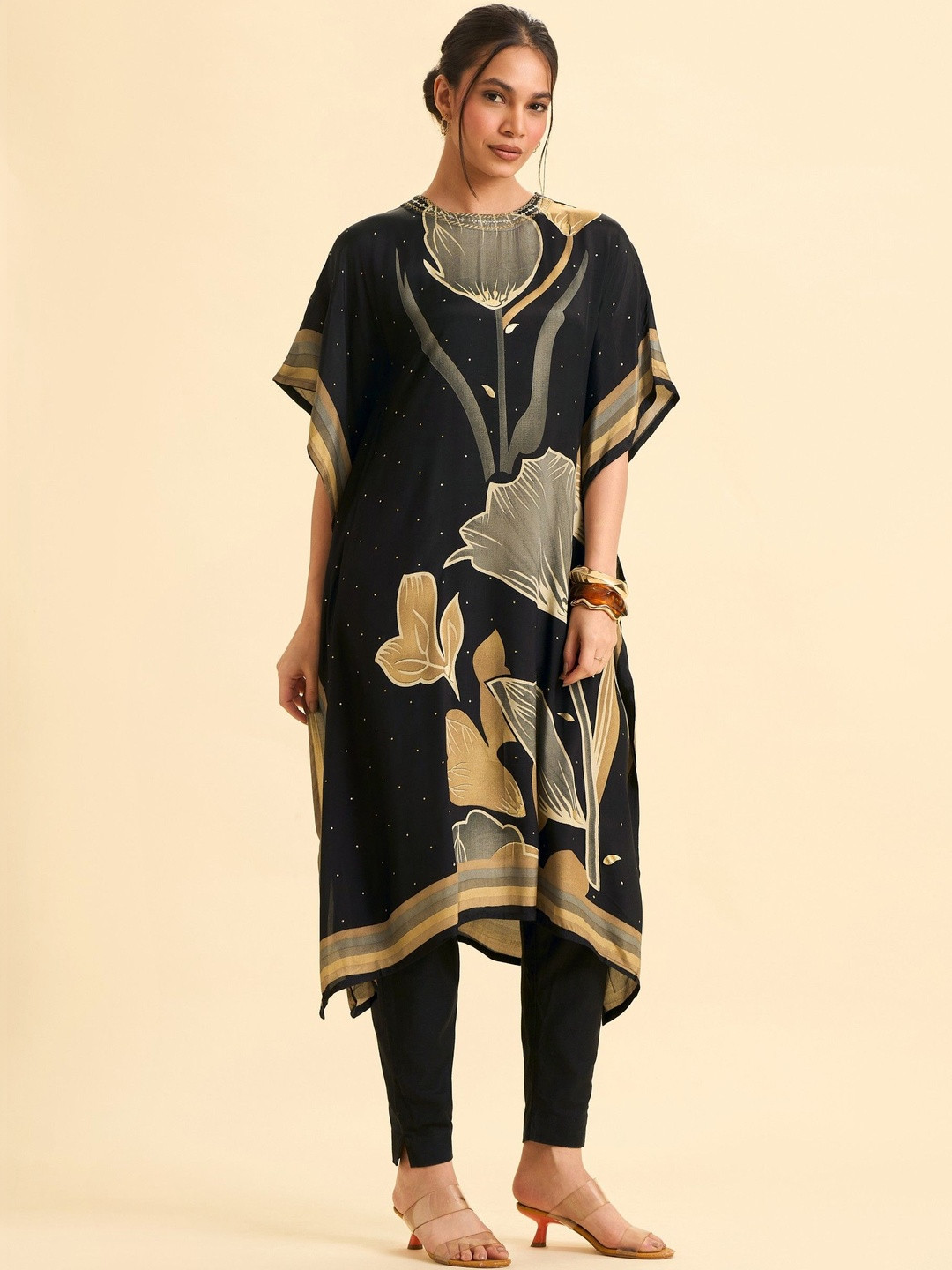 Vismay Botanical Printed Flared Sleeves Modal Kaftan Kurti