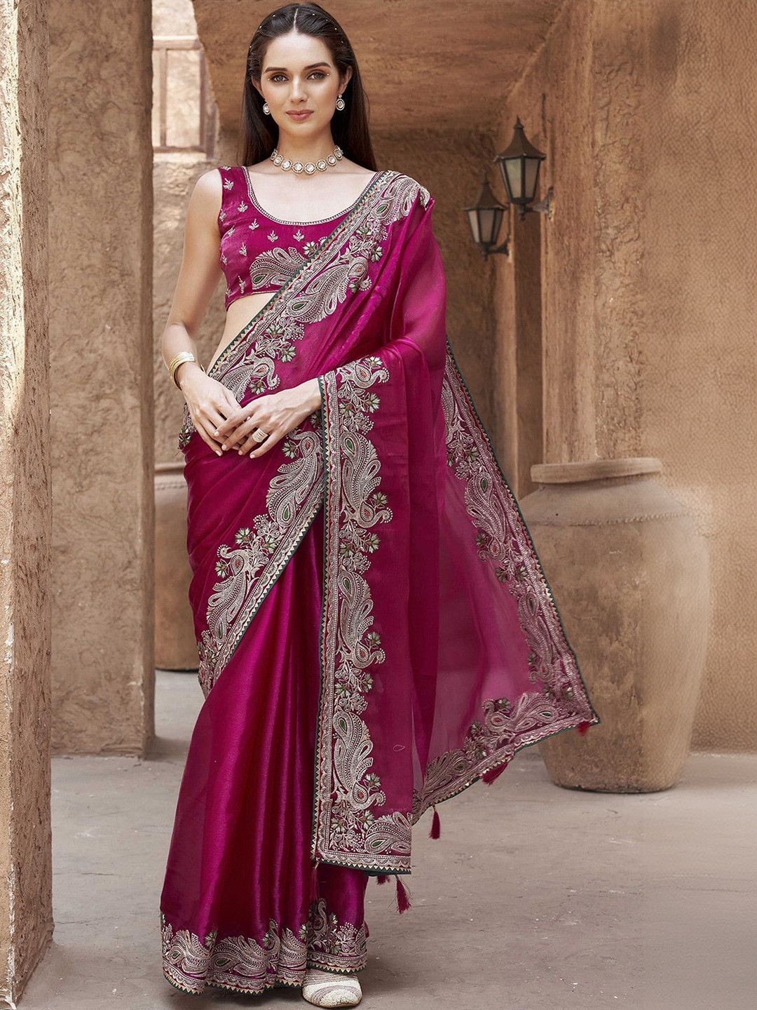 Shree Varahi Export Ethnic Motifs Embroidered Pure Chiffon Heavy Work Saree