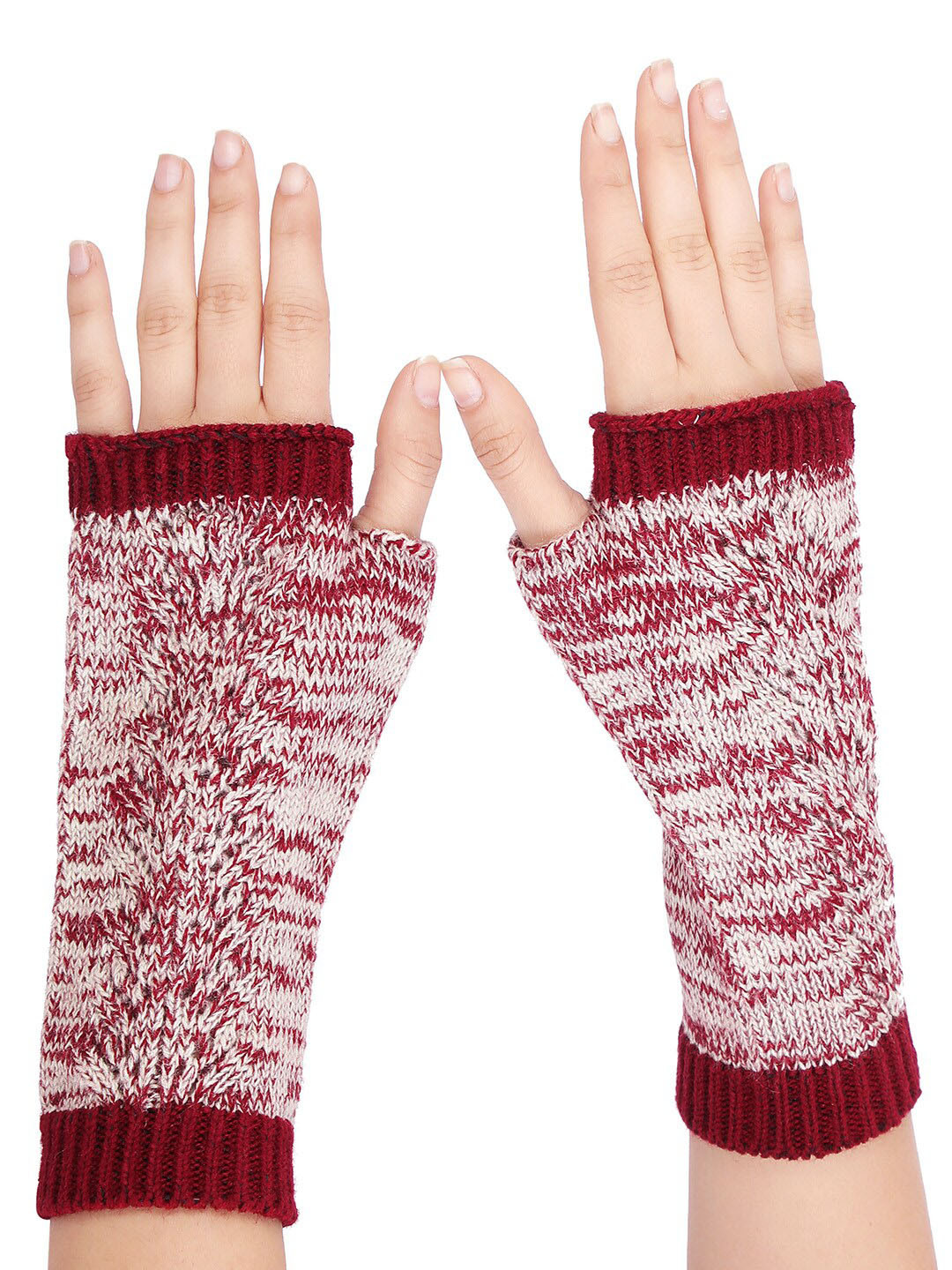 Bharatasya Women Maroon & Grey Knitted Winter Mitten Gloves