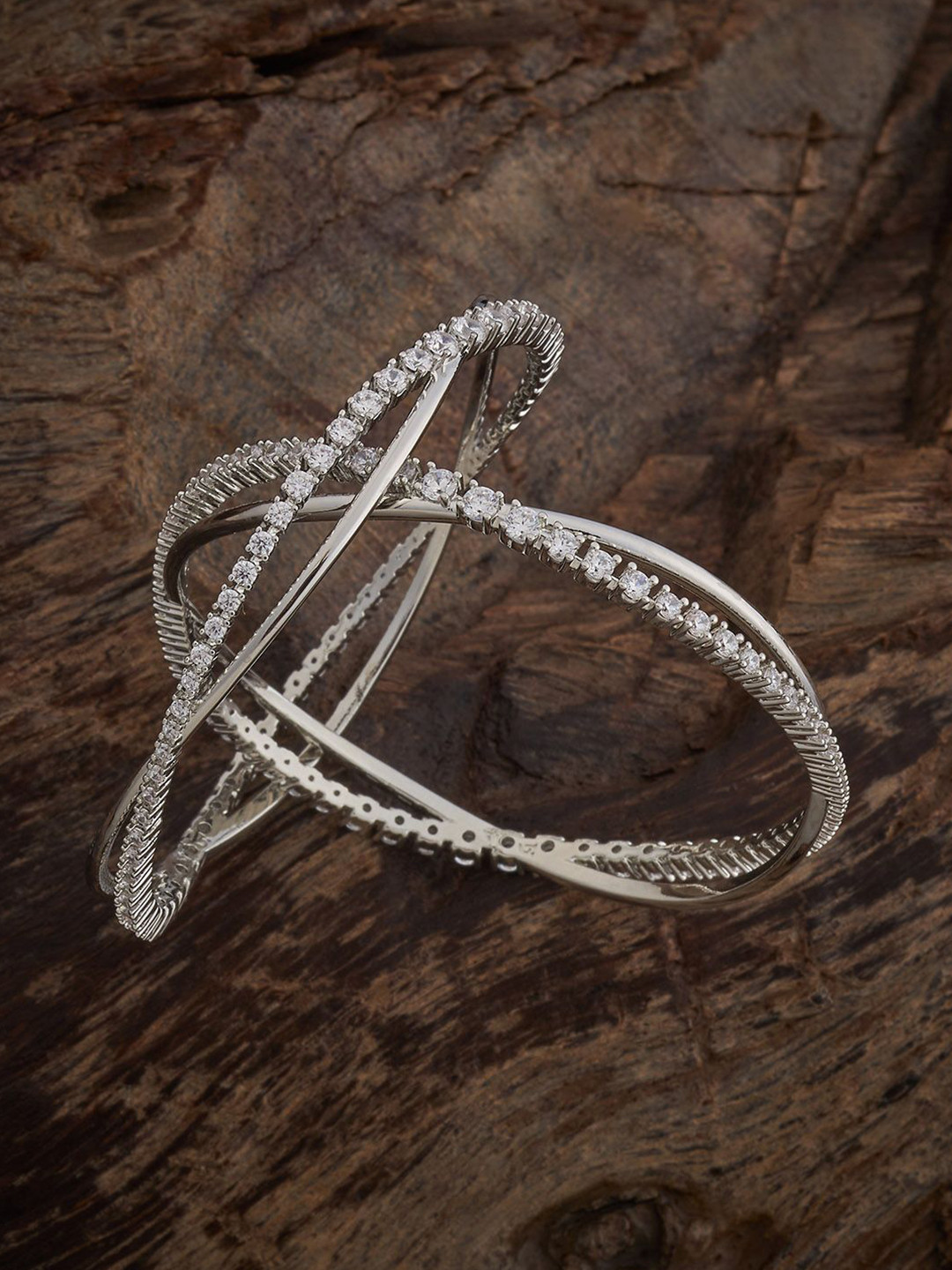 Kushal's Fashion Jewellery White Set Of 2 Rhodium-Plated Party Cubic Zirconia Bangles