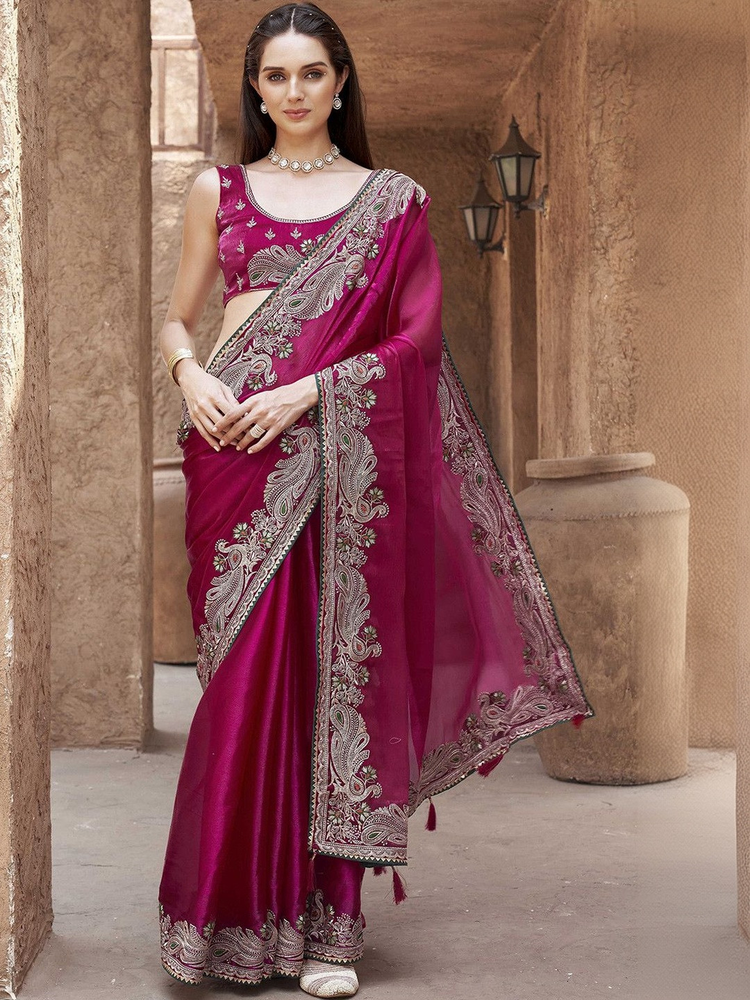 JJ Handloom Ethnic Motifs Embroidered Pure Chiffon Heavy Work Saree