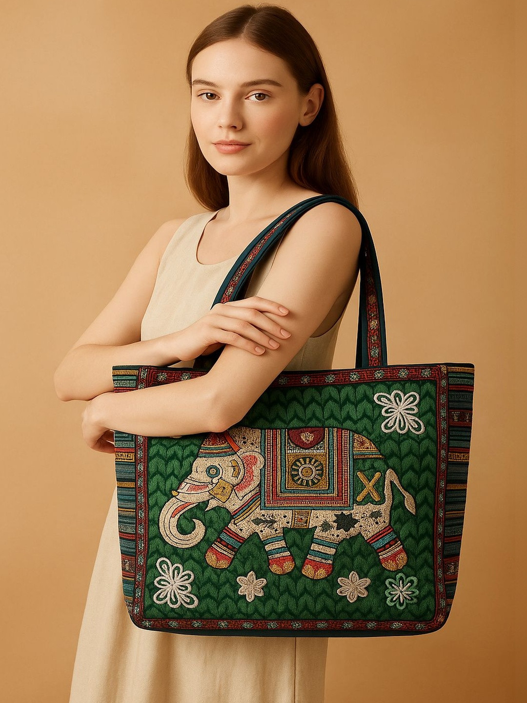 Cult Factory Ethnic Motifs Embellished Up to 12 inch Bucket Tote Bag