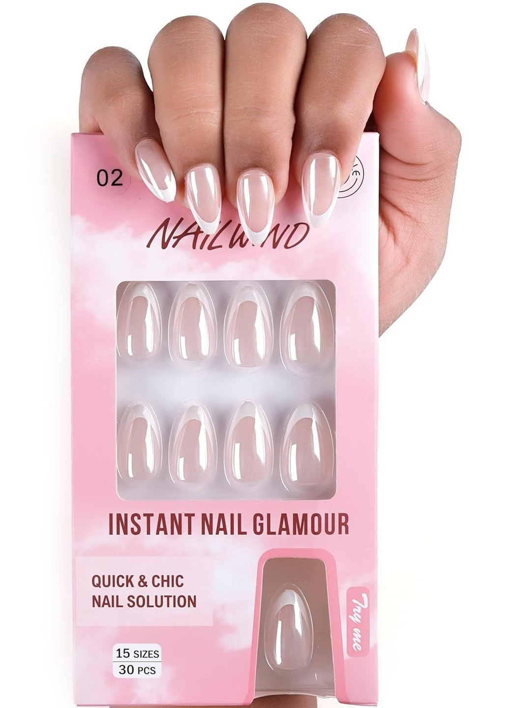 NAILWIND Set Of 30 Tip Press On Nails - White French - 02