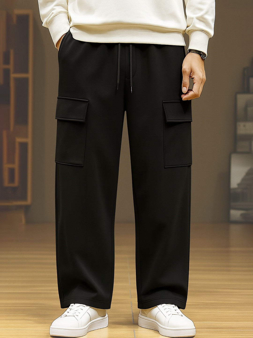 JUMPCUTS Men Baggy-Fit Flap Pocket Cargo Trousers