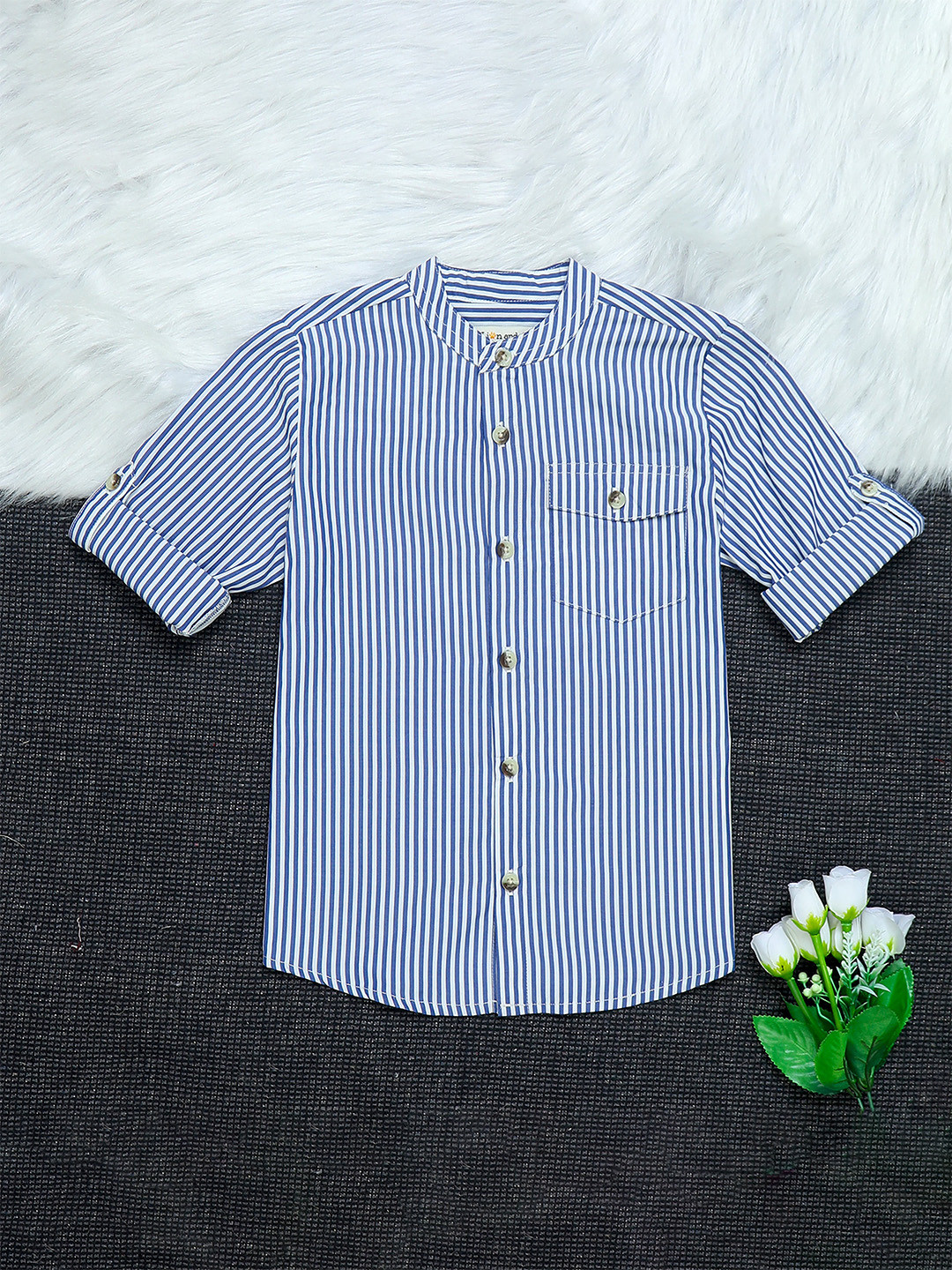 The Lion and The Fish Boys Relaxed Fit Roll Up Sleeve Mandarin Collar Shirt