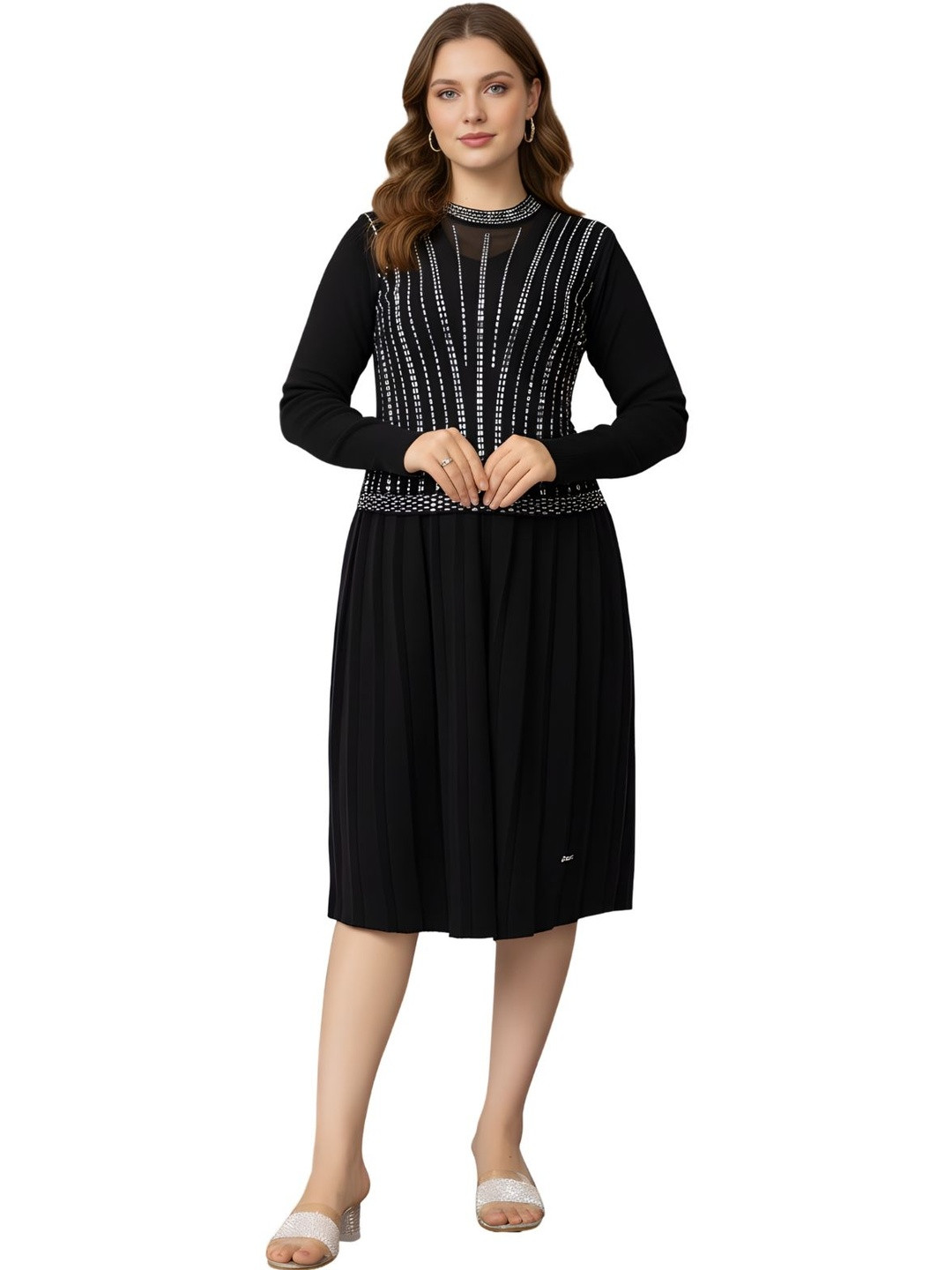 LASOON Embellished Woollen A-Line Midi Dress